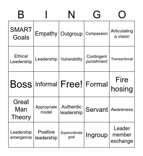 Leadership Bingo Card Bingo Card