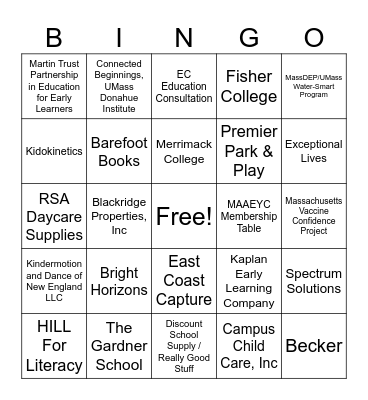 MAAEYC Annual Conference Exhibitor Bingo Card