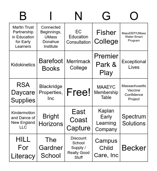 MAAEYC Annual Conference Exhibitor Bingo Card
