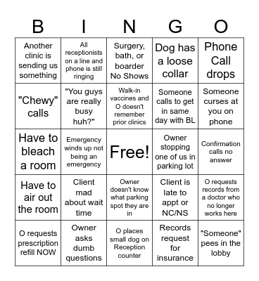 Vet Reception Bingo Card