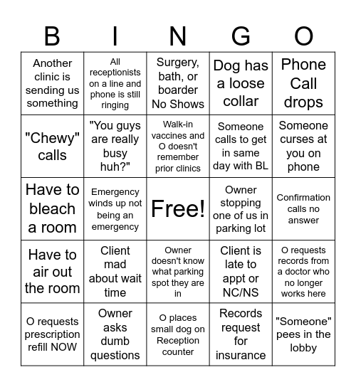Vet Reception Bingo Card