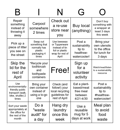 Earth Day Bingo April 21 - April 30 Bingo Card