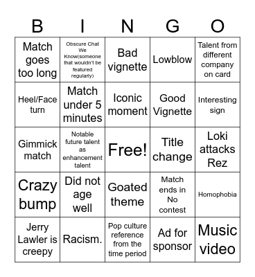 QQTs Raw/Nitro/ECW Watchalong Bingo Card