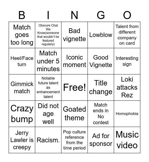 QQTs Raw/Nitro/ECW Watchalong Bingo Card
