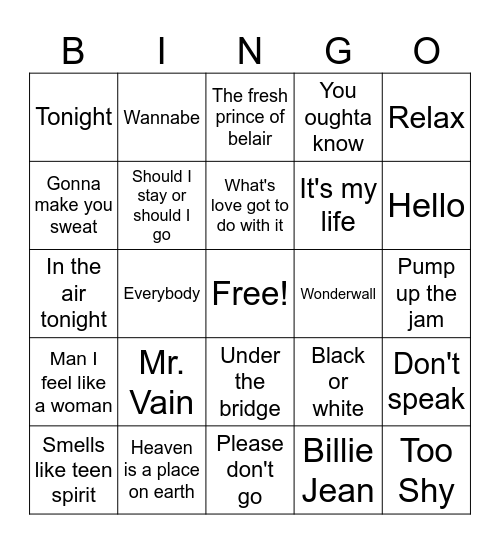 80s & 90s Hits Bingo Card