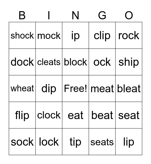 ip, ock, eat Bingo Card