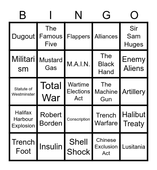 World War 1 Bingo Card