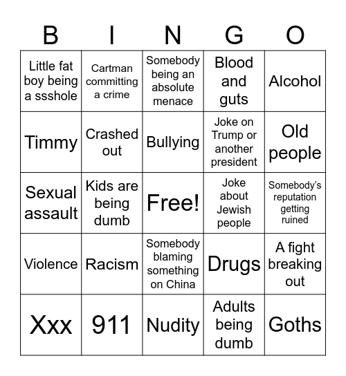 South Park bingo card Bingo Card