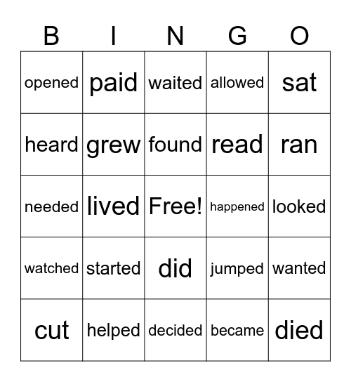 Simple Past - regular and irregular verbs Bingo Card