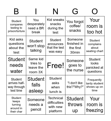 Exam Proctoring Bingo Card