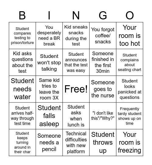 Exam Proctoring Bingo Card