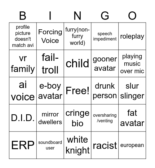 VRChat Trolling Bingo Card