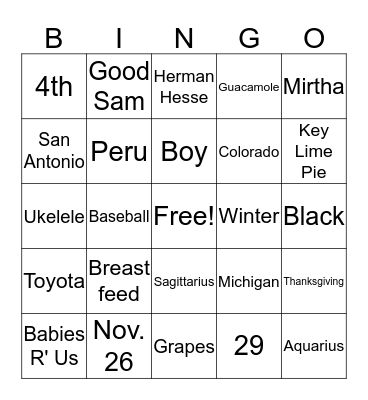 Baby Shower Bingo Card