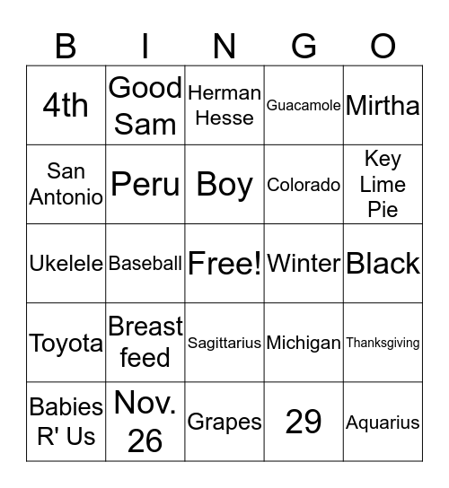 Baby Shower Bingo Card