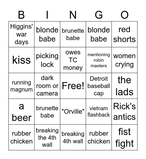 Magnum P.I. Bingo Card