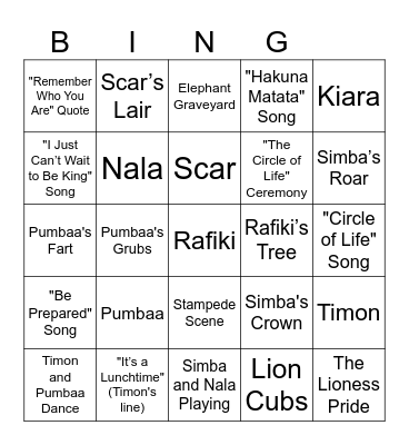 Lion King Bingo Card