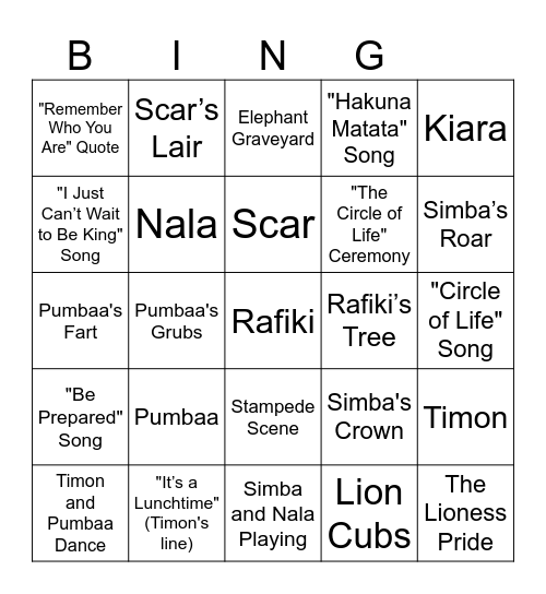 Lion King Bingo Card