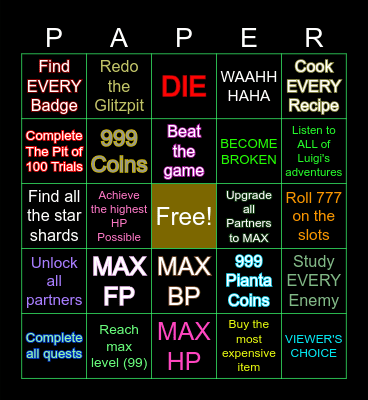 Paper Mario TTYD Bingo Card