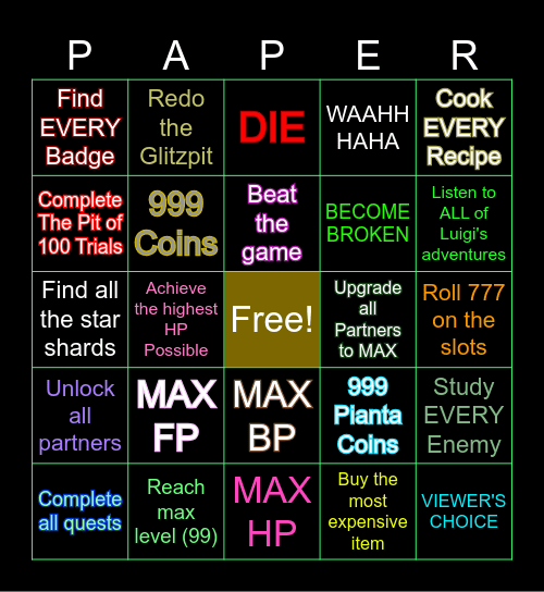 Paper Mario TTYD Bingo Card