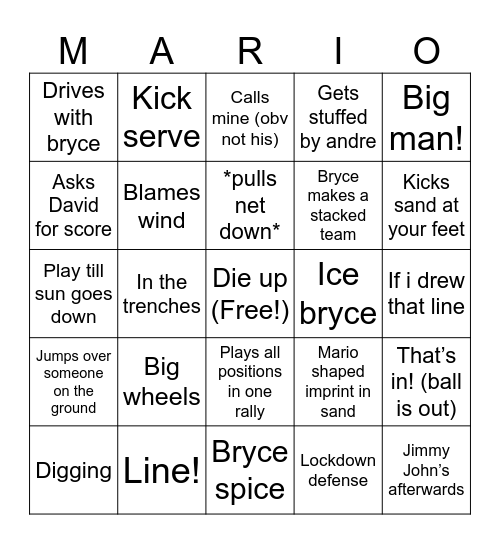Volleyball Tuesdays Bingo Card