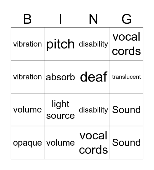 Sound Bingo Card