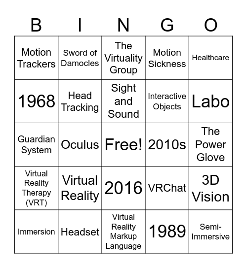 Virtual Reality Bingo Card