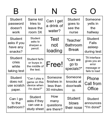 State Testing BINGO Card