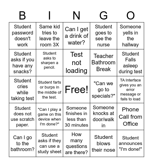 State Testing BINGO Card