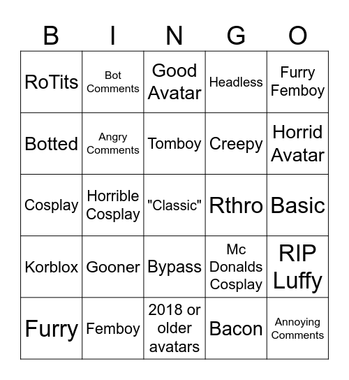 Catalog Avatar Creator Bingo Card