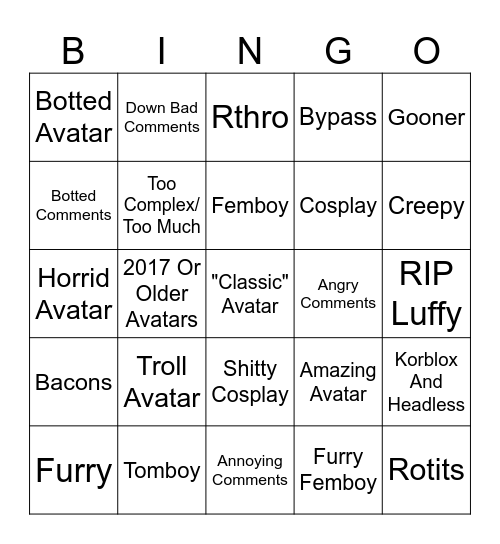 Catalog Avatar Creator Bingo Card