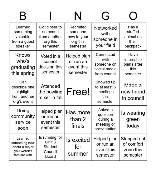 CHHS Last Meeting Bingo Card