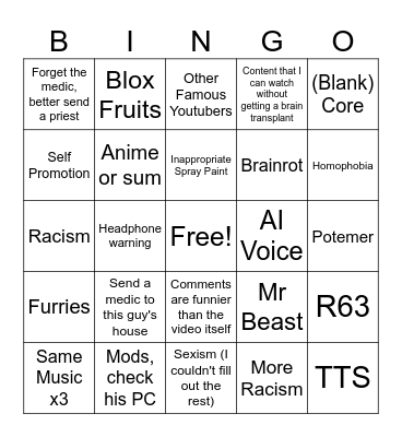 Roblox Shorts Bingo Card