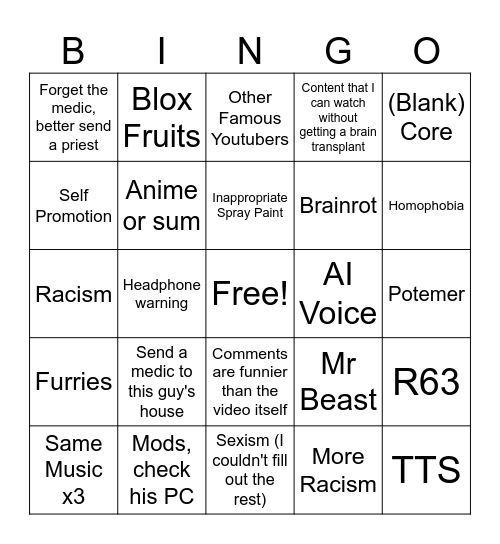 Roblox Shorts Bingo Card
