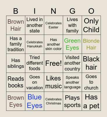 All About Me! Bingo Card