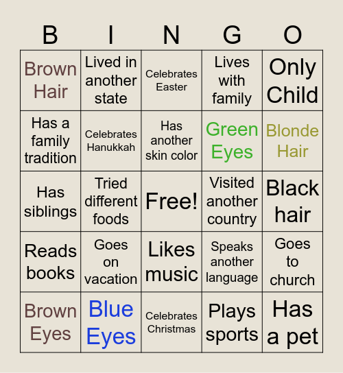 All About Me! Bingo Card