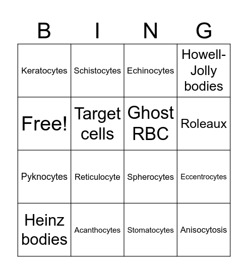 Hematology BINGO Card