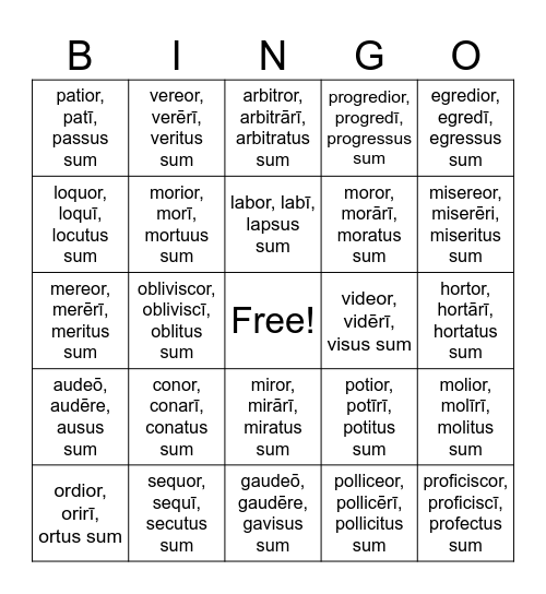 Deponent Bingo Card