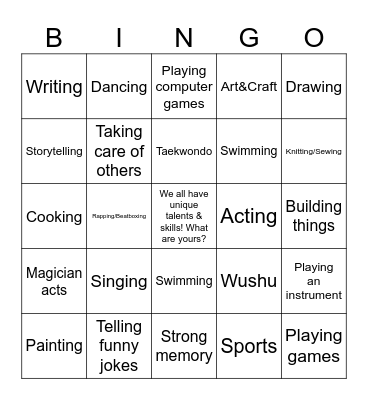 Talent & Skills Bingo Card