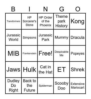 Universal Movie Bingo Card