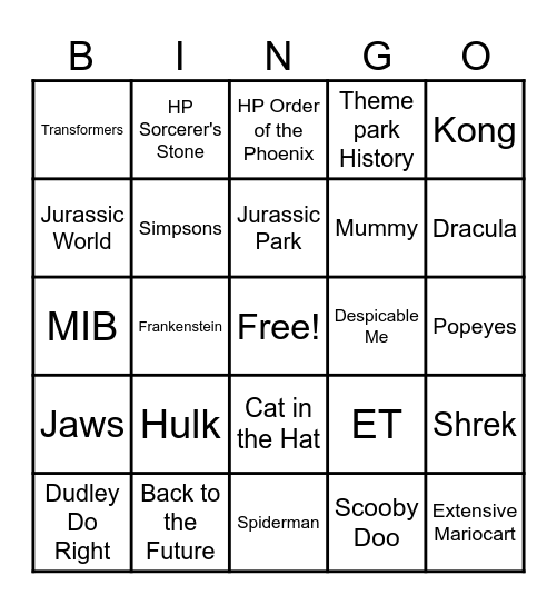 Universal Movie Bingo Card