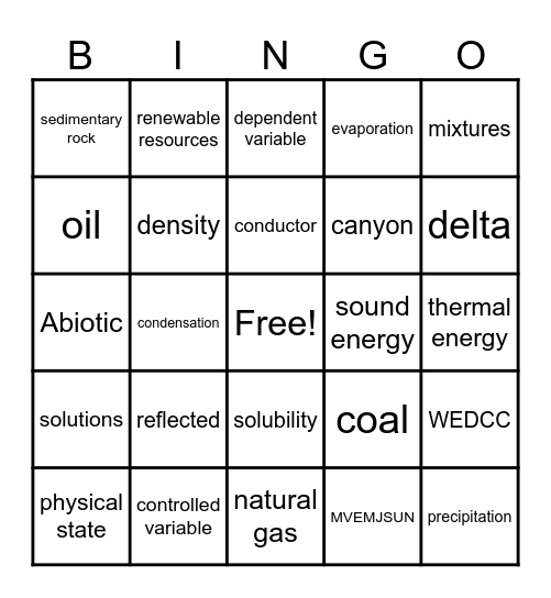 Science STAAR Vocabulary Bingo Card