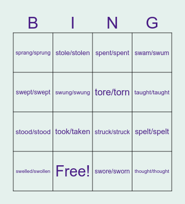 Verb Table 96-110 Bingo Card