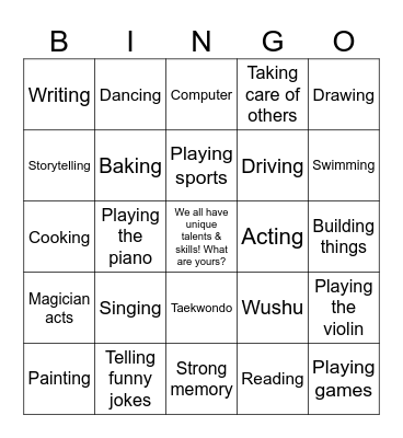 Talent & Skills Bingo Card