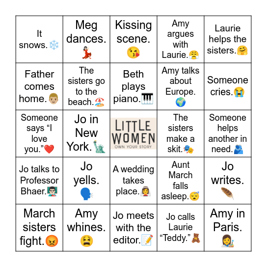 Little Women Movie Night Bingo Card