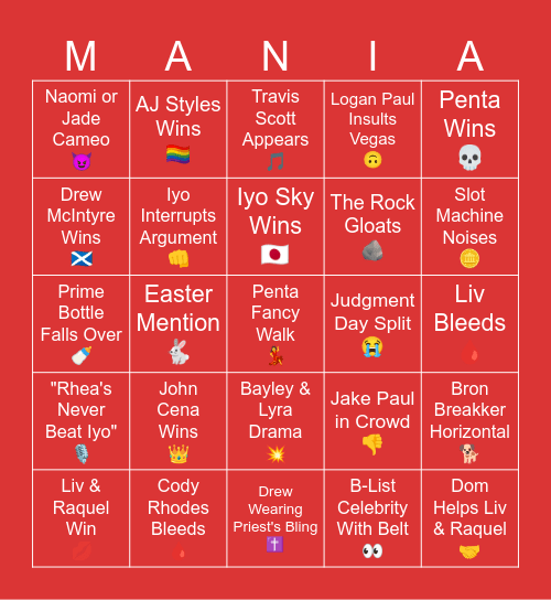 Wrestlemania Night #2 Bingo Card