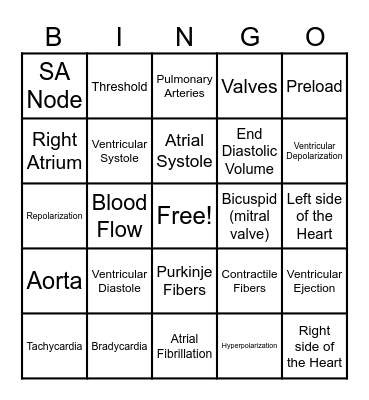 Cardiac Cycle Bingo Card