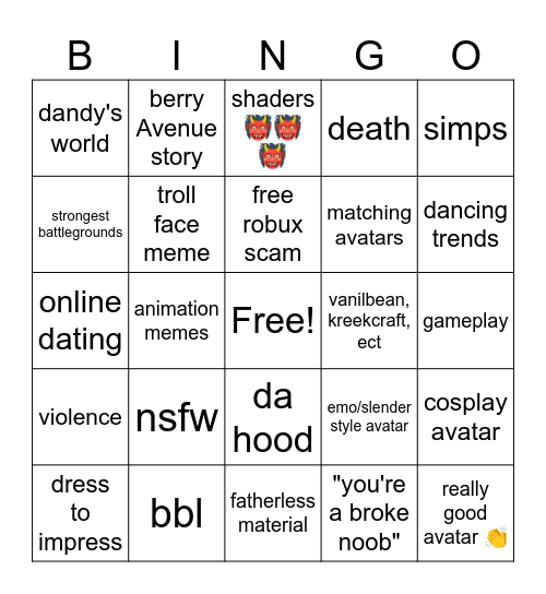 Roblox shorts bingo Card
