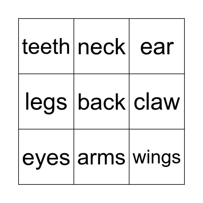 Body Parts Bingo Card