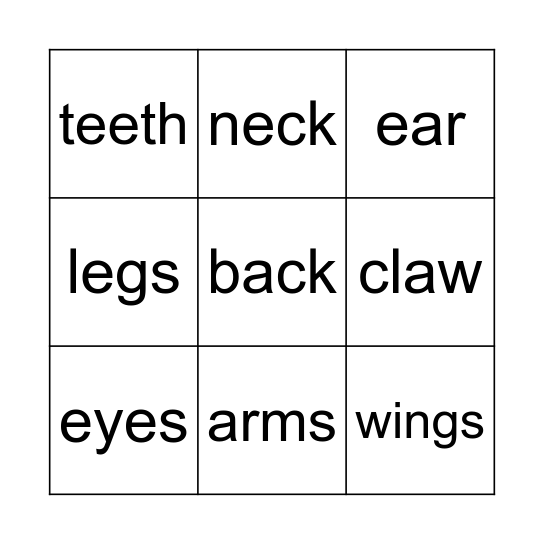 Body Parts Bingo Card