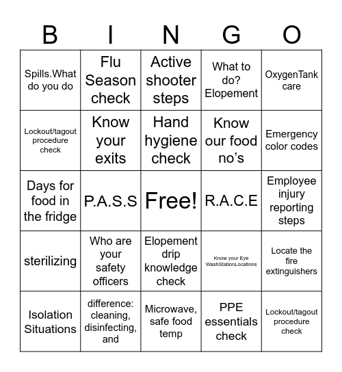 Safety Bingo Card